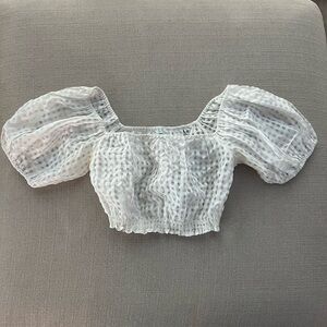 UO White Puff-Sleeve Smocked Crop Top